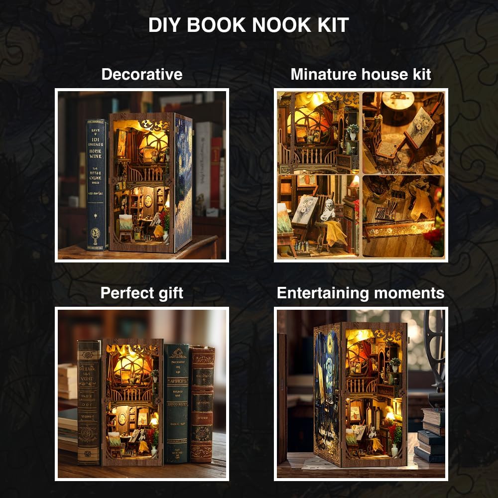 🔮 DIY Haunted House Book Nook Kit – LED 3D Wooden Dollhouse for Adults, Art Deco Miniature Craft Gift with Light 🏛️✨