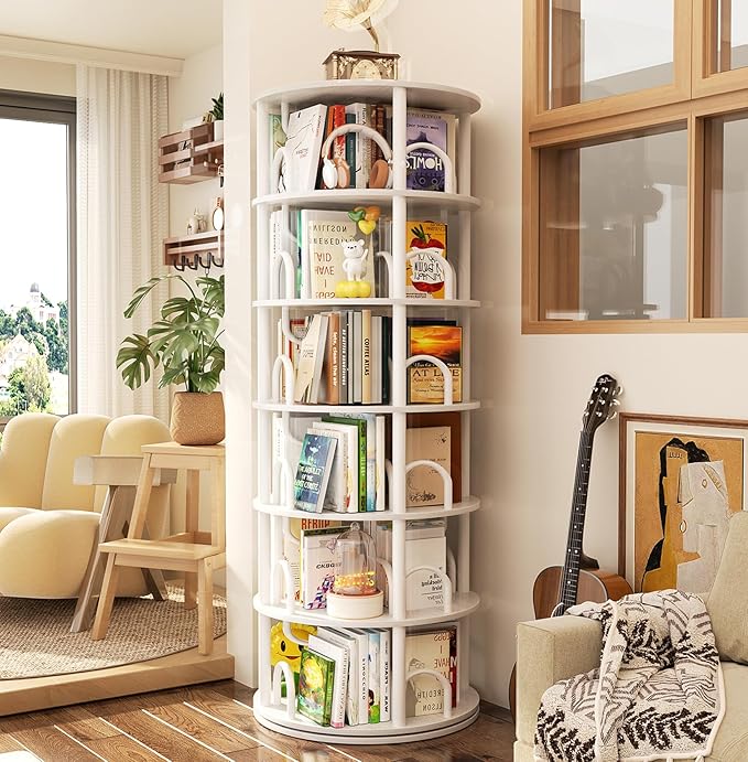 Smart Corner Solution: 6-Tier Rotating Bookshelf with Huge Capacity 🔄📖
