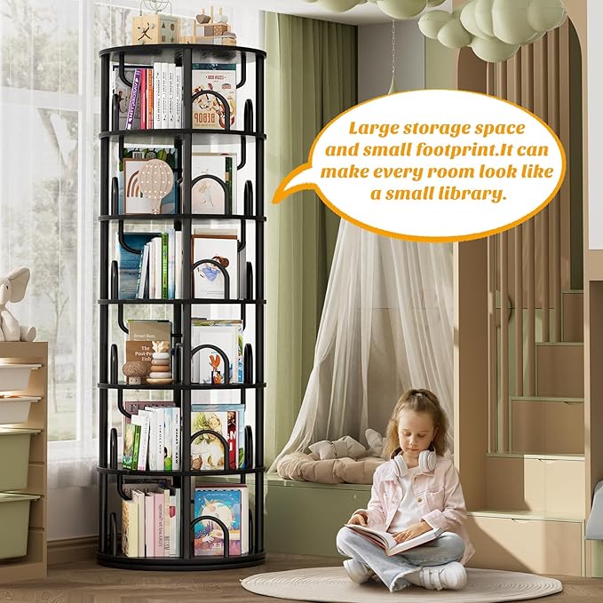 Smart Corner Solution: 6-Tier Rotating Bookshelf with Huge Capacity 🔄📖