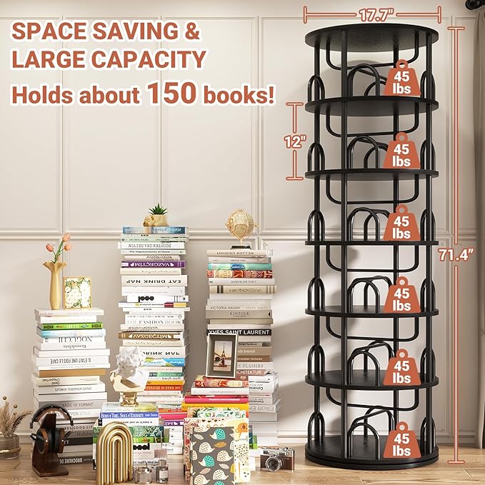 Smart Corner Solution: 6-Tier Rotating Bookshelf with Huge Capacity 🔄📖