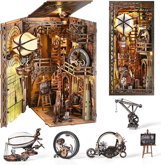 🔦 DIY Book Nook Kit with LED Light – 3D Wooden Puzzle & Miniature Bookshelf Decor for Adults 🏡